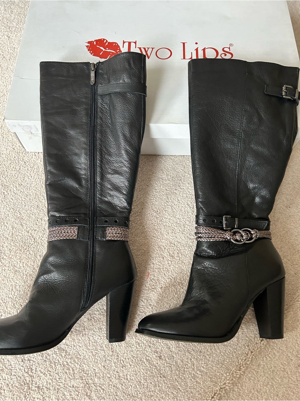 Two Lips Black Leather Mid-Calf Heeled Boots with Braided Strap
